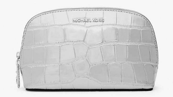 Michael Kors Empire Small Metallic Crocodile Embossed Leather Travel Pouch in Silver