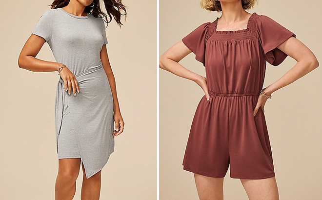 People Wearing 247 Faux Wrap Mini Dress and Bare Smocked Square Neck Romper People Wearing 247 Faux Wrap Mini Dress and Bare Smocked Square Neck Romper