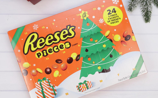 Reeses Pieces Chocolate Advent Calendar on a Table Reeses Pieces Chocolate Advent Calendar on a Table