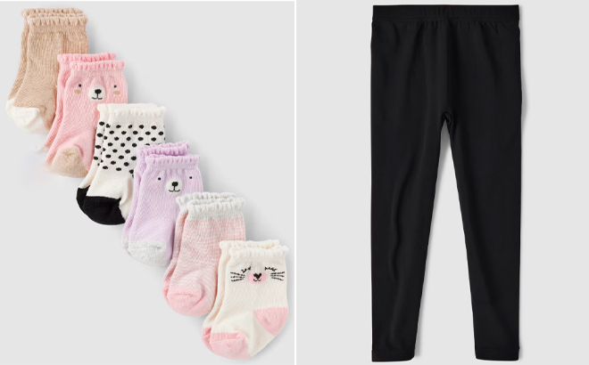The CHildrens Place Baby Girls Bear Midi Socks 6 Pack and Girls Fleece Lined Leggings