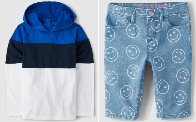 The Childrens Place Boys Colorblock Hooded Top and Girls Happy Face Denim Skimmer Shorts