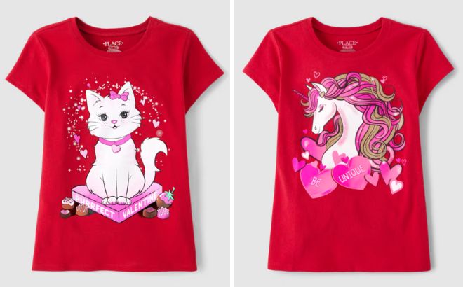 The Childrens Place Girls Valentines Day Cat Graphic Tee and Unicorn Graphic Tee The Childrens Place Girls Valentines Day Cat Graphic Tee and Unicorn Graphic Tee
