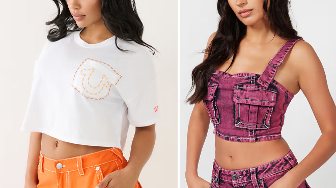 True Religion Overdye Big T Cargo Bustier Top and Horseshoe Puff Print Crop Tee True Religion Overdye Big T Cargo Bustier Top and Horseshoe Puff Print Crop Tee