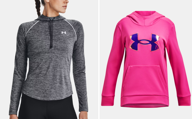 Under Armour Womens Velocity Wordmark Hoodie and Girls Fleece Iridescent Big Logo Hoodie