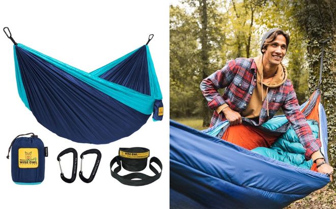 Wise Owl Outfitters Camping Hammock in Navy and Light Blue Color