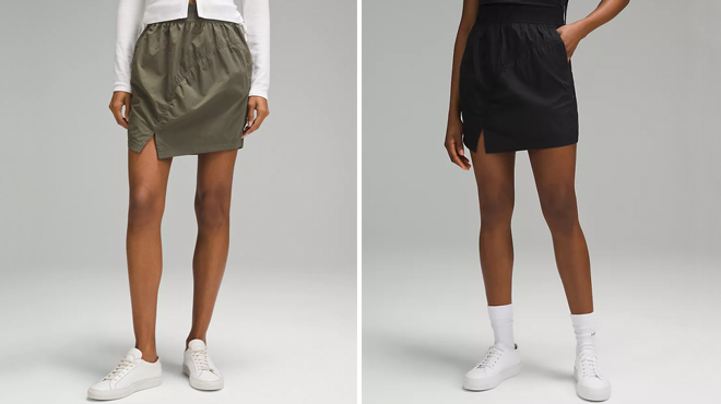 Women wearing Lululemon Womens High Rise Ruched Mini Skirt Women wearing Lululemon Womens High Rise Ruched Mini Skirt