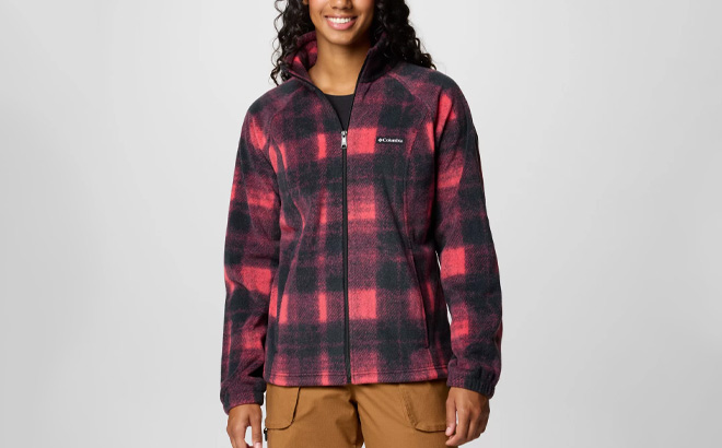 A Person Wearing Columbia Womens Benton Springs Printed Full Zip Fleece Jacket