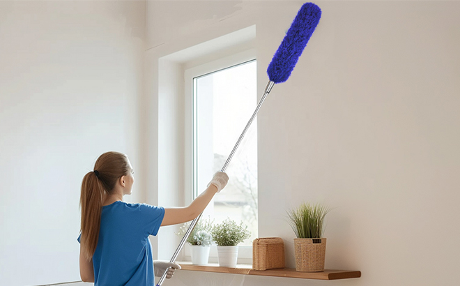 A Woman Cleaning with the Extendable Feather Duster