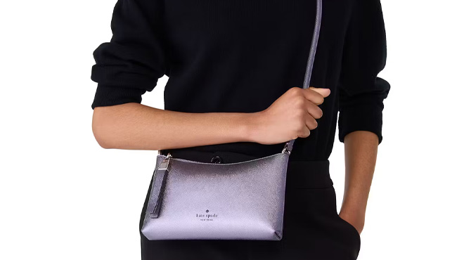 A Woman Wearing Kate Spade Outlet Sadie Metallic Small Crossbody A Woman Wearing Kate Spade Outlet Sadie Metallic Small Crossbody