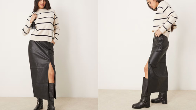 A lady wearing Asos Leather Look Maxi Skirt with a side slit in black Copy