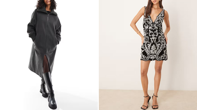 A lady wearing a Asos Kint Collar Long Line Coat of the left and Asos Velvet Embellished Mini Dress on the right Copy A lady wearing a Asos Kint Collar Long Line Coat of the left and Asos Velvet Embellished Mini Dress on the right Copy