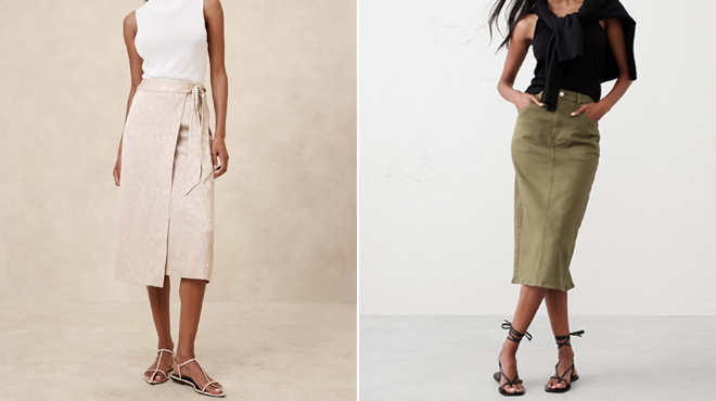 A lady wearing a Banana Republic Jacquard Wrap Midi Skirt on the left and Banana Republic Denim Midi Pencil Skirt on the right