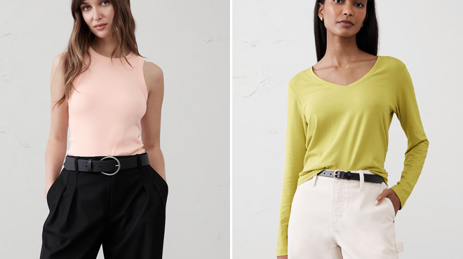A lady wearing a Banana Republic Ribbed Racer Tank on the left and Banana Republic Timeless T Shirt og the right