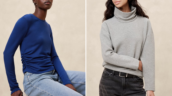A lady wearing a Banana Republic Soft Luxe Shirred Waist Top on the left and Banana Republic Ottoman Tunic Sweatshirt on the right