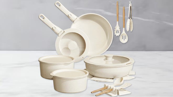 Astercook 20 Piece Ceramic Non Stick Cookware Set with Detachable Handle