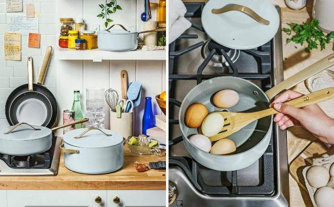Beautiful by Drew Barrymore Hydrangea 12 Piece Ceramic Non Stick Cookware Set in the Kitchen