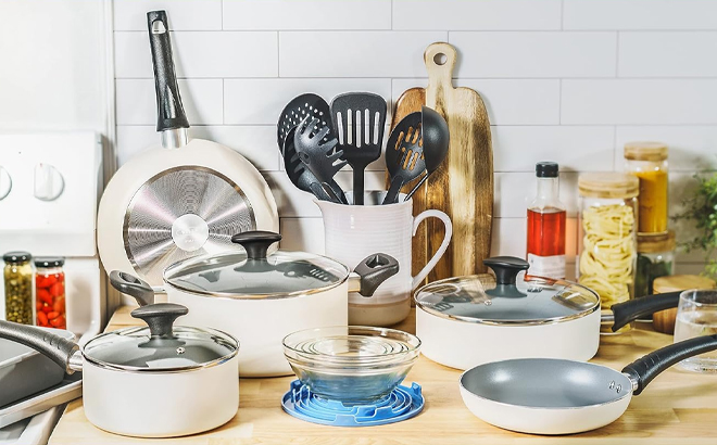 Bella 21 Piece Nonstick Cookware Set with Glass Lids on a Kitchen Countertop Bella 21 Piece Nonstick Cookware Set with Glass Lids on a Kitchen Countertop