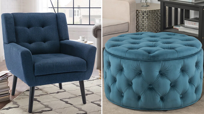 Corrigan Studio Wide Back Armchair on the left and House of Hampton Round Storage Ottoman on the right Corrigan Studio Wide Back Armchair on the left and House of Hampton Round Storage Ottoman on the right