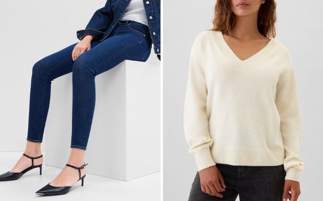 GAP Factory Mid Rise Universal Legging Jeans and Relaxed V Neck Sweater GAP Factory Mid Rise Universal Legging Jeans and Relaxed V Neck Sweater