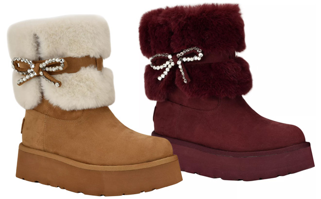 GUESS Womens Dowry Rhinestone Bow Cozy Winter Boots