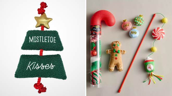Hallmark Pets Mistletoe Tree Rope Dog Toy on the left and Meow 7 pc Cat Toy Set