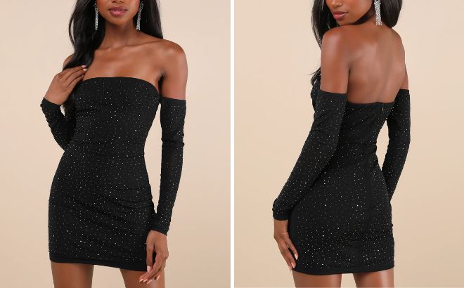 Lulus Black Mesh Rhinestone Off the Shoulder Mini Dress Lulus Black Mesh Rhinestone Off the Shoulder Mini Dress