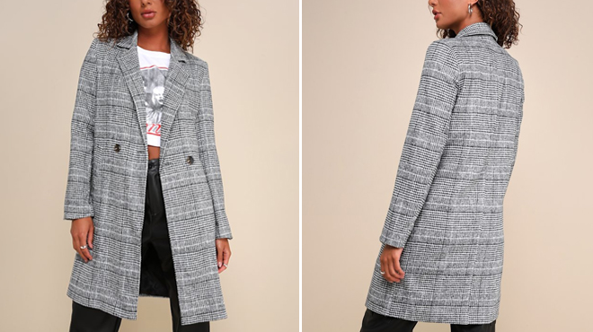 Lulus Black and White Glen Plaid Long Coat