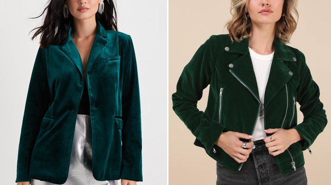 Lulus Emerald Green Velvet Blazer and Lulus Forest Green Velvet Moto Jacket