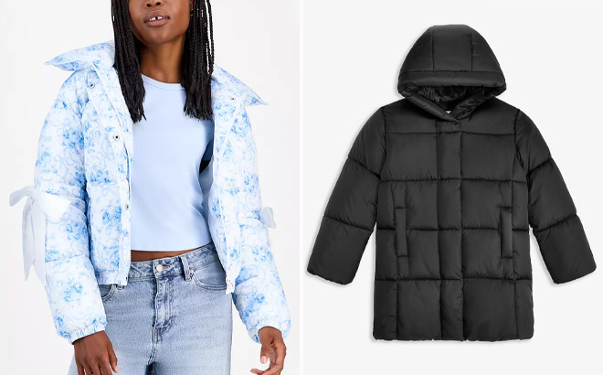 Madden Girl Juniors Printed Bow Trim Puffer Jacket Madden Girl Juniors Printed Bow Trim Puffer Jacket