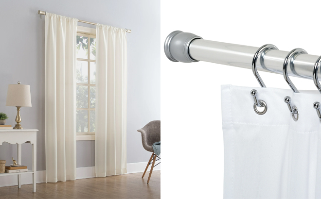 Mainstays Textured Solid Rod Pocket Curtain Panel and Better Homes Gardens Chrome Easy Hang Rustproof Aluminum Extra Long Shower Curtain Rod