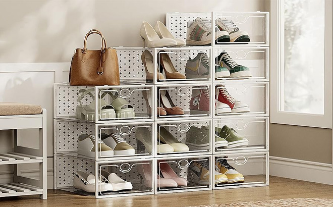 Pinkpum Large 12 Pack Shoe Storage Boxes in the Room