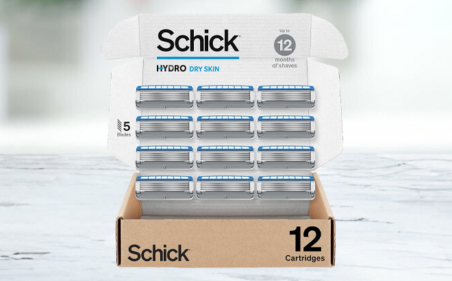 Schick Hydro Dry Skin 12 Count Mens Razor Refills in a Box on a Table