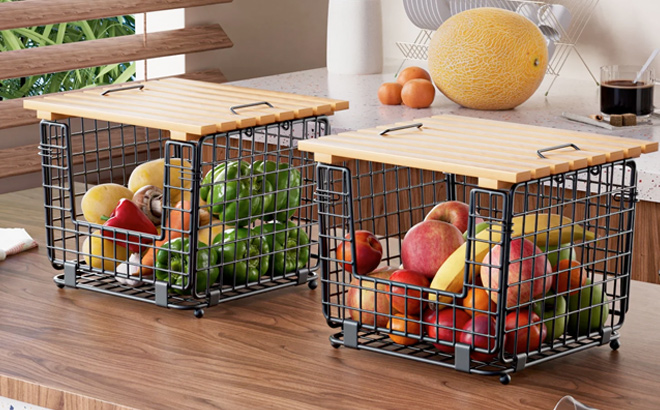 TINANA Stackable Fruit Baskets with Bamboo Top 2 Pack Pantry Organizer for Kitchen Counter