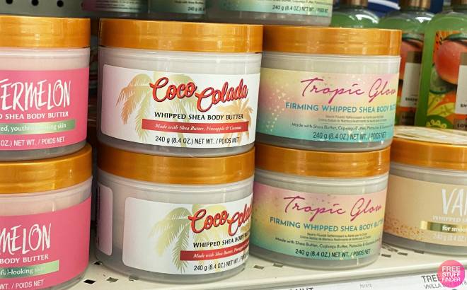 Tree Hut Coco Colada Shea Body Butter and Tree Hut Tropic Glow Whipped Body Butter on shelf