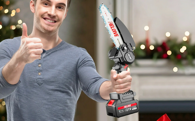 A Person Holding a Reloive 6 Inch Mini Chainsaw