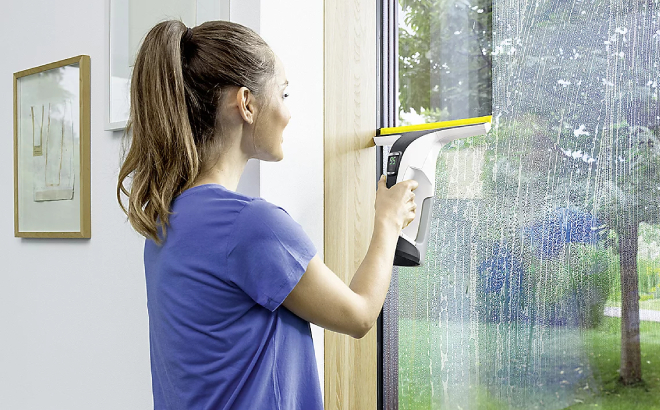 A Woman Cleaning a Window Using Karcher Window Vacuum Cleaner