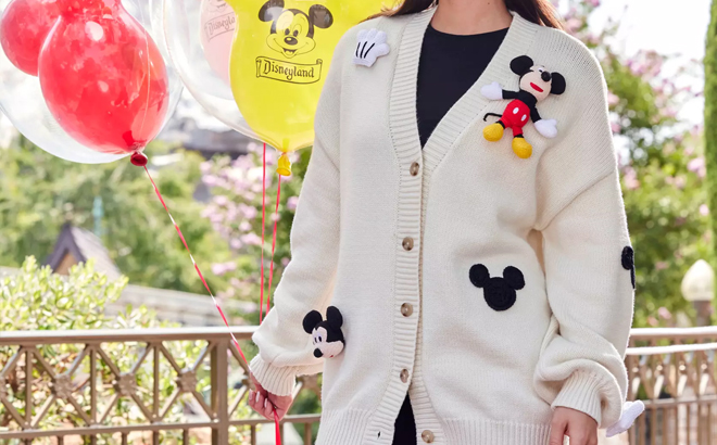 A Woman Wearing Disney Mickey Mouse Cardigan Sweater with Plush Applique