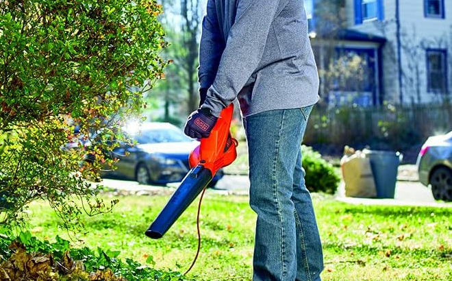 A person using a BlackDecker Electric Leaf Blower