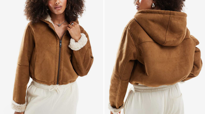 Asos Design Hooded Faux Shearling Womens Jacket