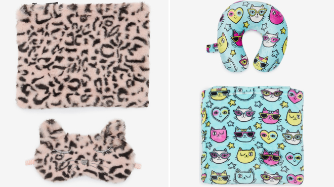 Capelli New York Kids Cheetah Faux Fur Travel Pouch Eye Mask Set and Wolf Essentials Kids Neck Pillow Throw Blanket Travel Set