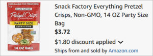 Checkout page of Snack Factory Pretzel Crisps Party Size Bag