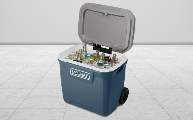 Coleman 316 Series 60QT Hard Chest Wheeled Cooler on the Floor