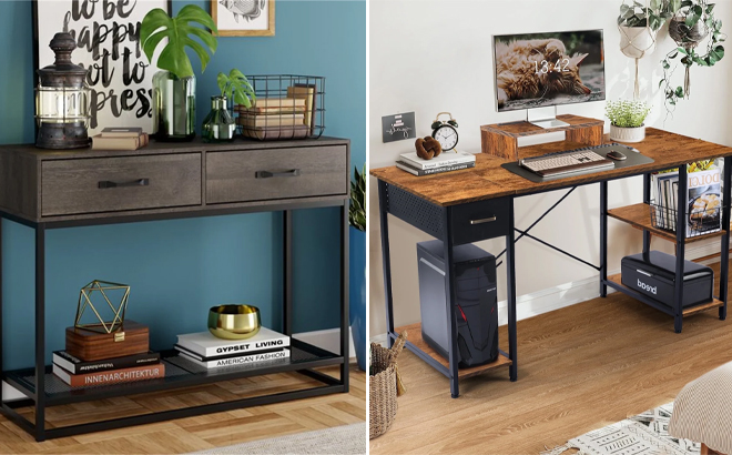 Homfa Console Table with Drawers and Storage Shelf and Coliware 55 1 inch Computer Desk
