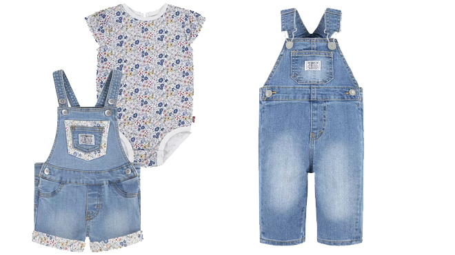 Levis Baby Cuff Shortalls Floral Bodysuit 2 Pc Set on the left and Levis Baby Boy Denim Overalls on the right