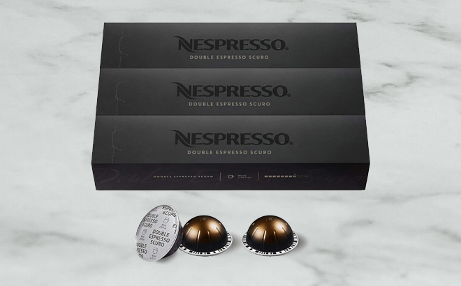 Nespresso VertuoLine Double Espresso Scuro 60 Count on the Table