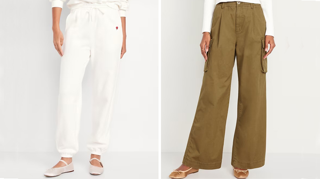 Old Navy High Waisted Sweatpants on the left and Old Navy High Waisted Wide Leg Cargo Pants on the right