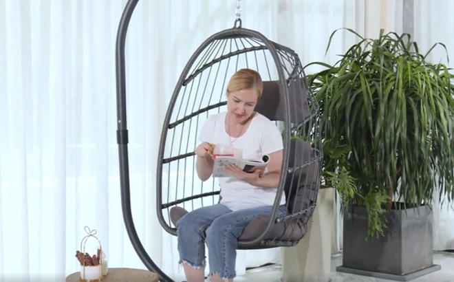 Outdoor Hanging Egg Swing Chair with Stand in Gray