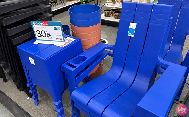 Room Essentials Resin Stackable Adirondack Chair and Table in Blue Color at Target Store