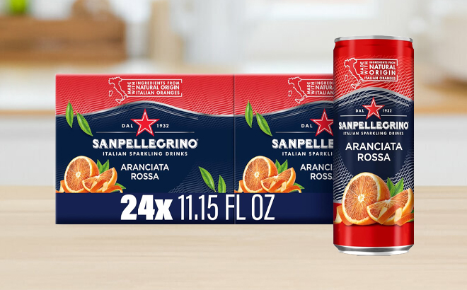 Sanpellegrino Aranciata Rossa Sparkling Drink 24 Pack on a Table
