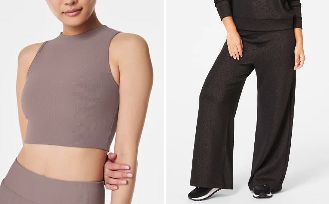 Spanx Get Moving Contour Rib Mock Neck Tank and Wide Leg Pant with Shimmer